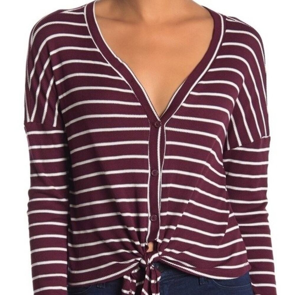Good Luck Gem Knit Top Women's Size L Purple Striped V Neck Long Sleeve